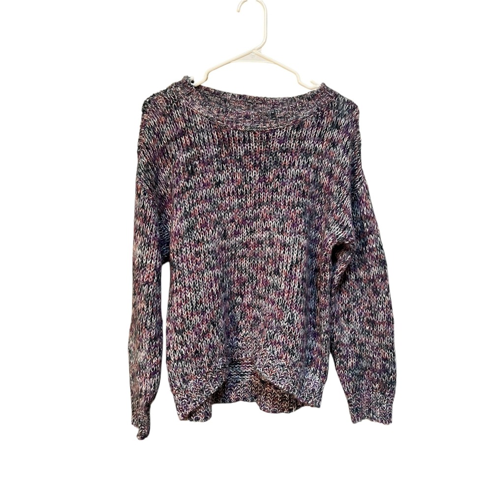 Loft Womens Size XS Crewneck Sweater Yarn Knit Purple White Green Balloon Sleeve